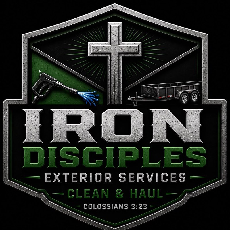 Iron Disciples badge: a steel shield with a cross, a pressure washer wand, and a hauling trailer
