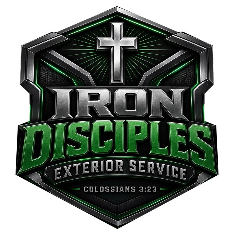 Iron Disciples Exterior Service badge: a steel and green shield with a cross, marked Colossians 3:23